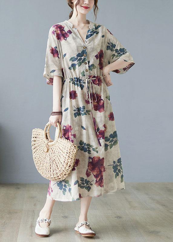 Modern Khaki V Neck Button Summer Tie Waist Party Dresses Half Sleeve