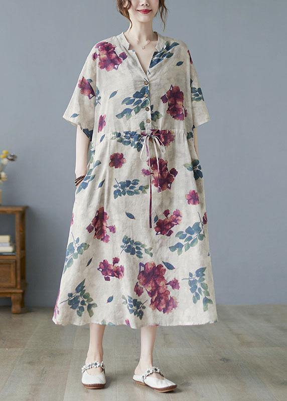 Modern Khaki V Neck Button Summer Tie Waist Party Dresses Half Sleeve