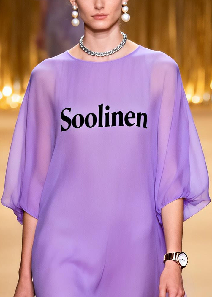 Modern Lavender Print Draping Chiffon Maxi Dresses Summer