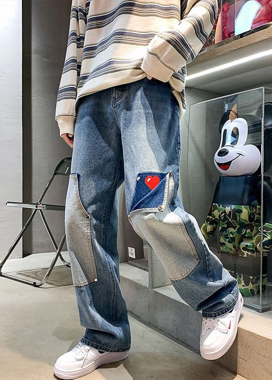 Modern Light Blue Love Patchwork Denim Pants Spring