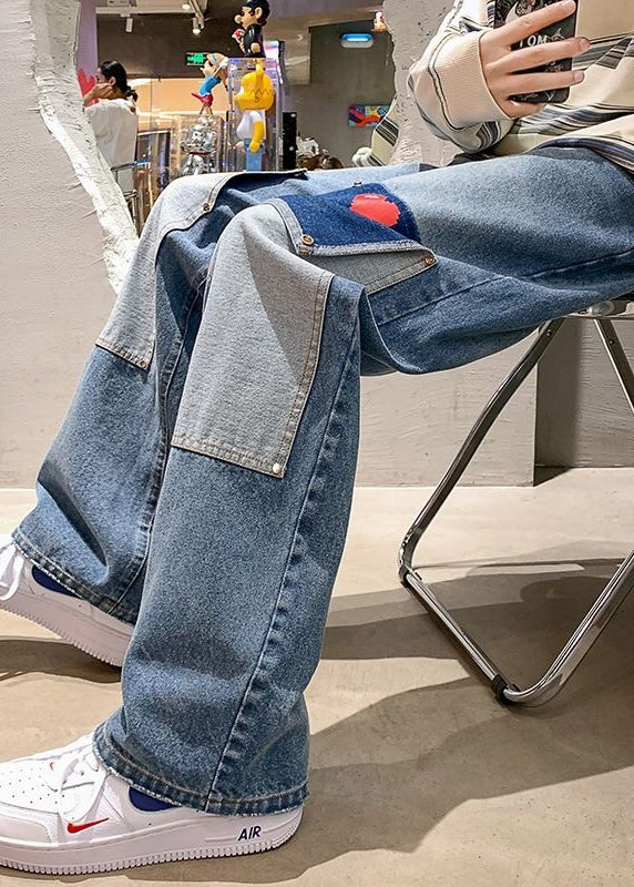 Modern Light Blue Love Patchwork Denim Pants Spring