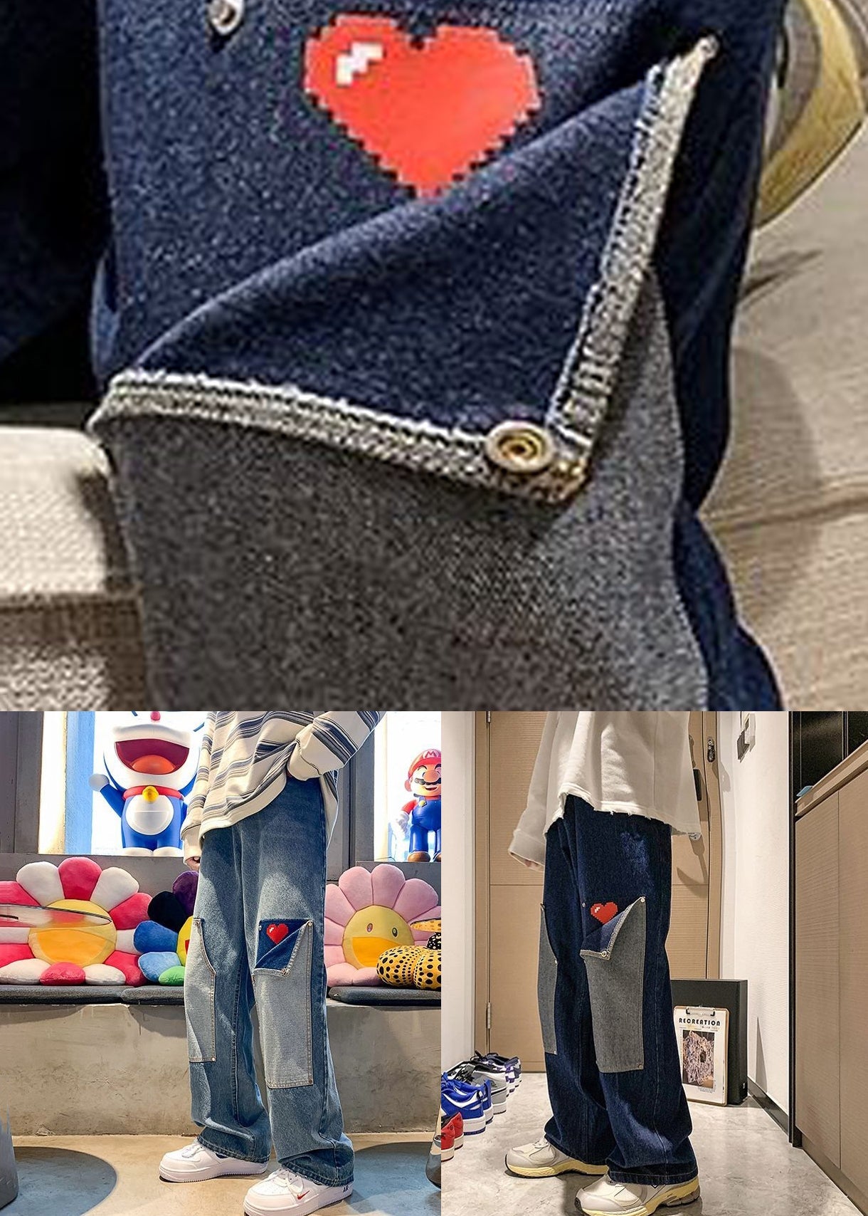 Modern Light Blue Love Patchwork Denim Pants Spring