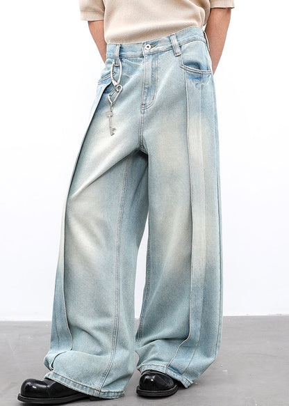 Modern Light Blue Pockets High Waist Wide Leg Pants Summer