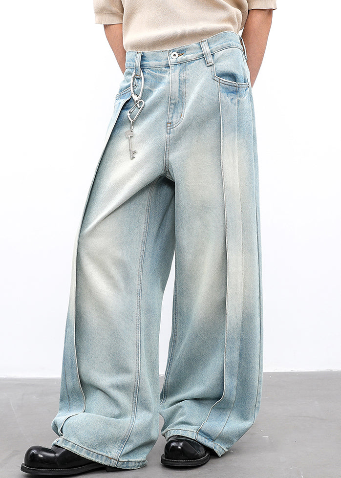 Modern Light Blue Pockets High Waist Wide Leg Pants Summer