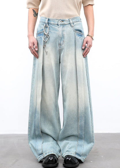Modern Light Blue Pockets High Waist Wide Leg Pants Summer