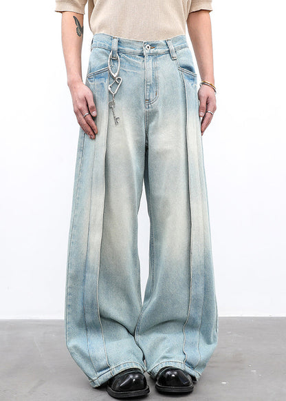Modern Light Blue Pockets High Waist Wide Leg Pants Summer