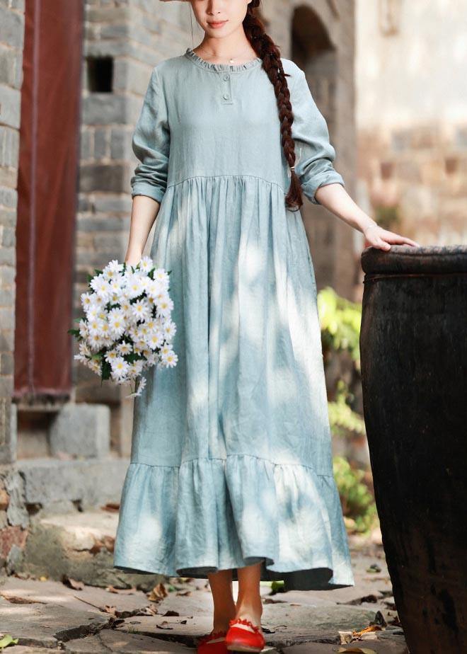 Modern Light Blue Tunic Dress O Neck Ruffles Long Spring Dresses