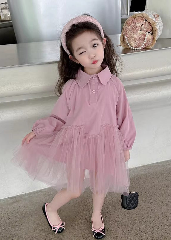 Modern Light Green Peter Pan Collar Tulle Patchwork Long Dress Long Sleeve