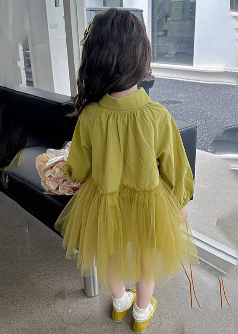 Modern Light Green Peter Pan Collar Tulle Patchwork Long Dress Long Sleeve