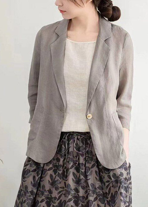 Modern Light Grey Notched Patchwork Linen Coats Half Sleeve