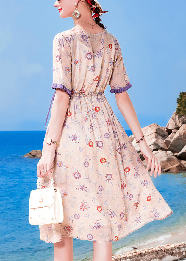 Modern Light Purple O-neck Drawstring Print Linen Party Dress Short Sleeve