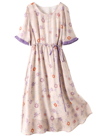 Modern Light Purple O-neck Drawstring Print Linen Party Dress Short Sleeve