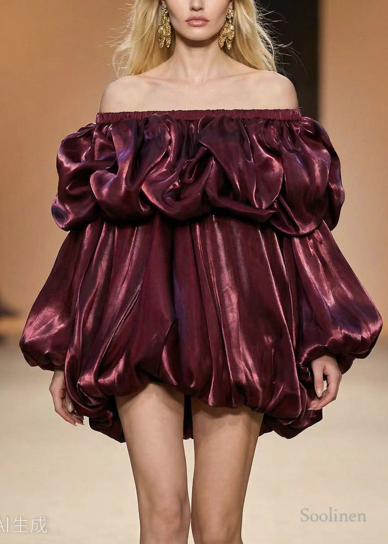 Modern Mulberry Puff Sleeve Wrinkled Silk Tea Dress
