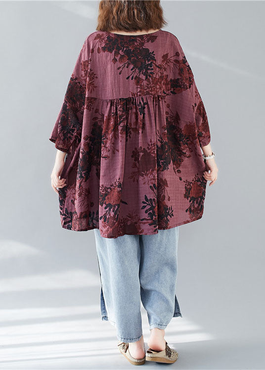 Modern Mulberry V Neck Patchwork Print Fall Tops Three Quarter Sleeve
