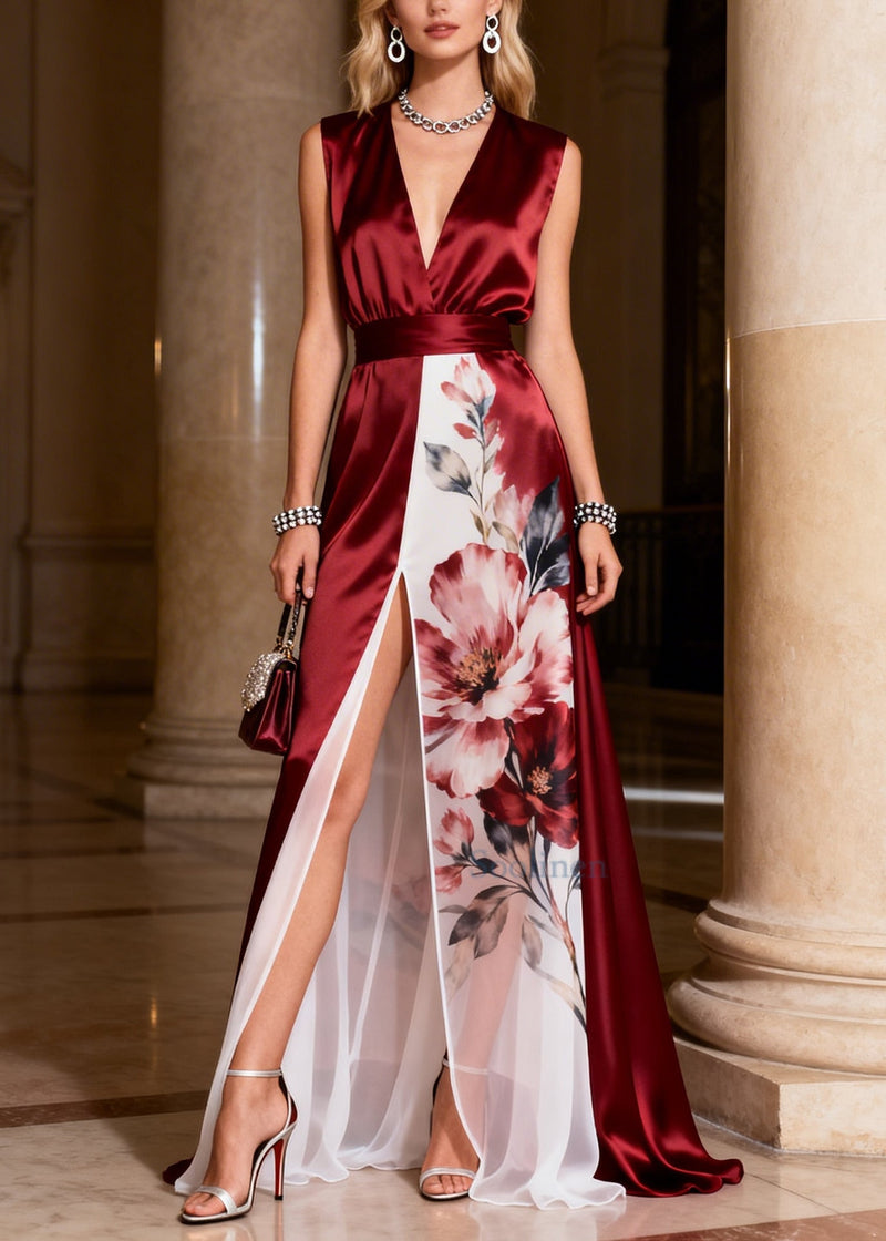 Modern Mulberry V Neck Patchwork Side Open Silk Party Dress Sleeveless