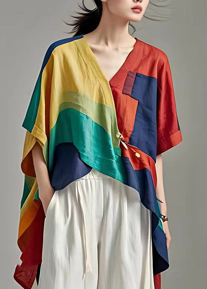 Modern Multicolor V Neck Patchwork Low High Design Long Top Short Sleeve
