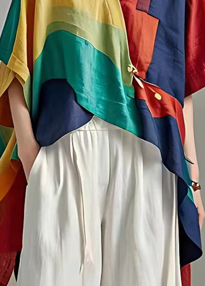 Modern Multicolor V Neck Patchwork Low High Design Long Top Short Sleeve