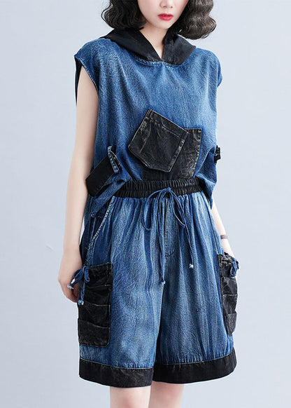 Modern Navy Hooded Pockets Tops and Pants Denim Two Pieces Set Summer