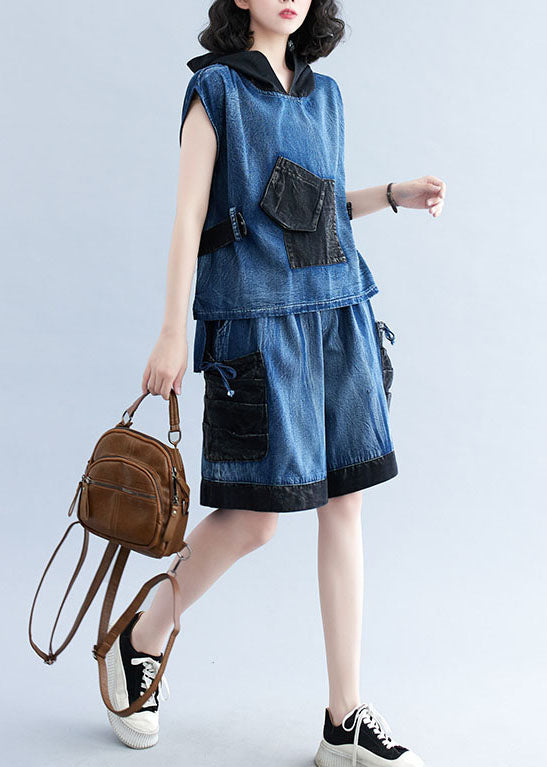 Modern Navy Hooded Pockets Tops and Pants Denim Two Pieces Set Summer