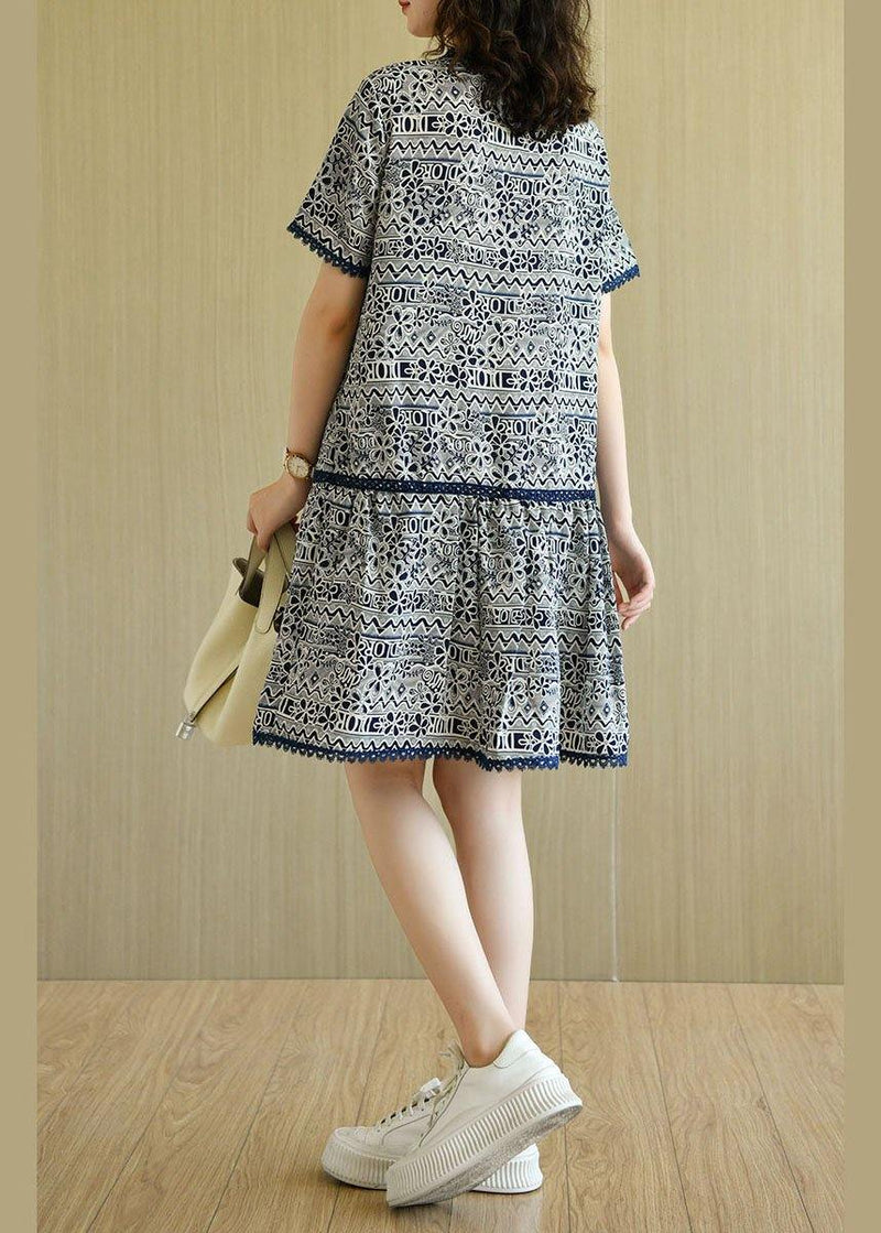 Modern Navy O-neck Print Summer Chiffon Dresses Short Sleeve