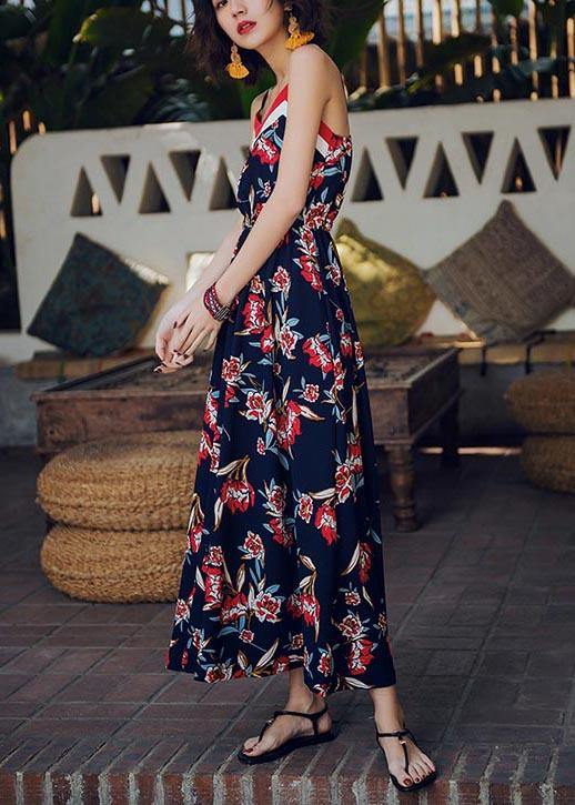 Modern Navy Print Backless Cotton Maxi Dresses