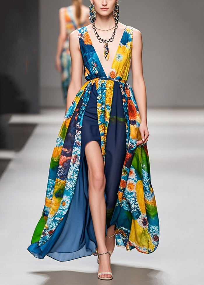 Modern Navy Side Open Patchwork Print Chiffon Dress Sleeveless