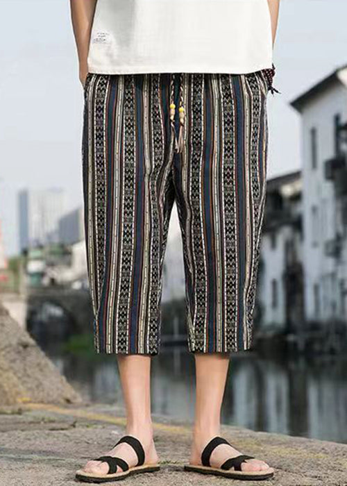 Modern Navy Striped Print Pockets Cotton Crop Pants Summer