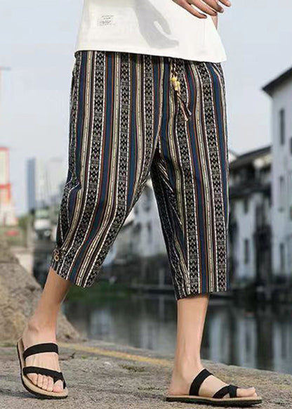 Modern Navy Striped Print Pockets Cotton Crop Pants Summer