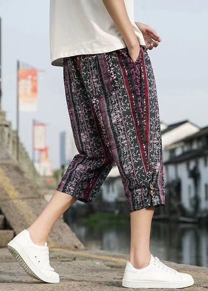 Modern Navy Striped Print Pockets Cotton Crop Pants Summer
