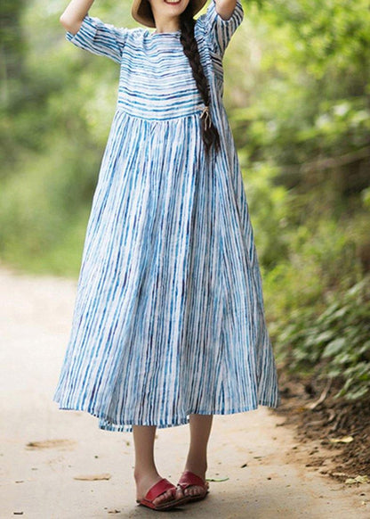 Modern O Neck Patchwork Summer Dress Sewing Blue Striped Maxi Dresses