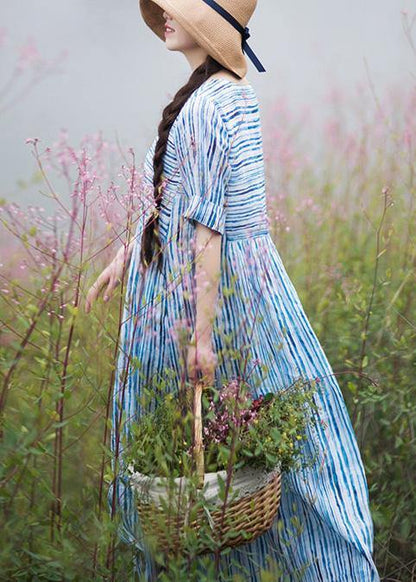 Modern O Neck Patchwork Summer Dress Sewing Blue Striped Maxi Dresses