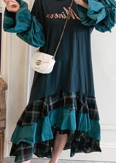 Modern O Neck Ruffles Spring Tunic Pattern Work Outfits Green Letter Dresses