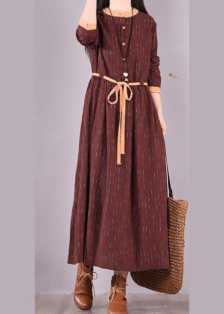 Modern O Neck Tie Waist Spring Wardrobes Shirts Burgundy Striped Dresses