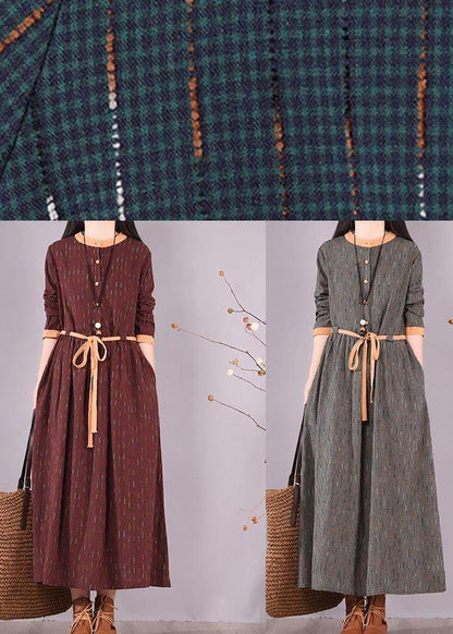 Modern O Neck Tie Waist Spring Wardrobes Shirts Burgundy Striped Dresses