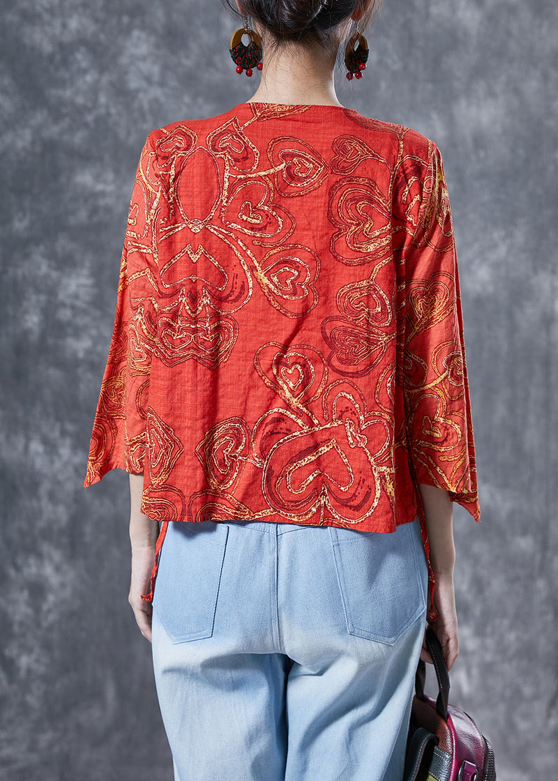 Modern Orange Asymmetrical Hem Print Cotton Top Bracelet Sleeve