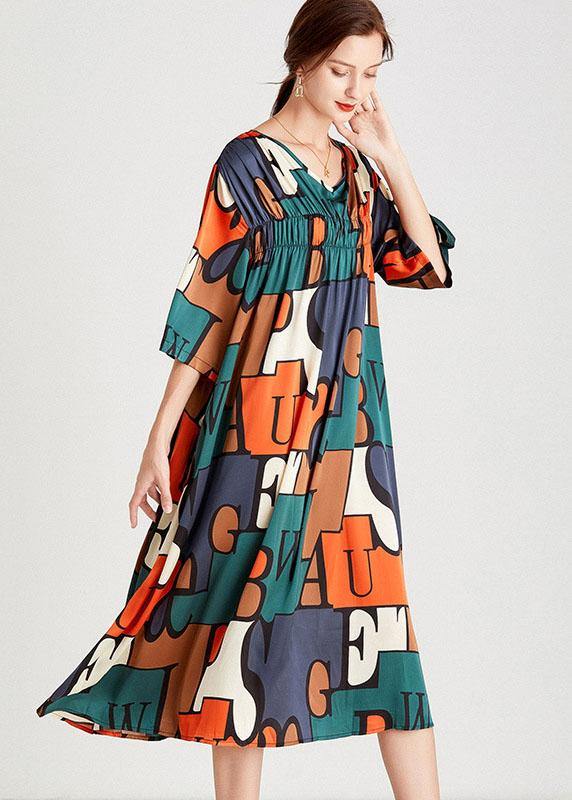 Modern Orange Green Print V Neck Summer Holiday Dress Half Sleeve