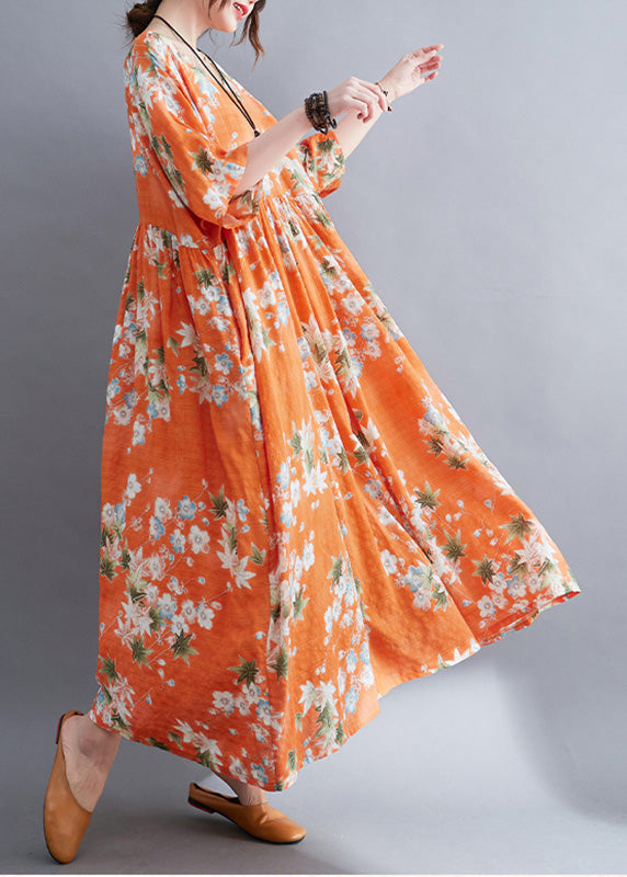 Modern Orange O-neck Patchwork Wrinkled Cotton Maxi Dress Half Sleeve