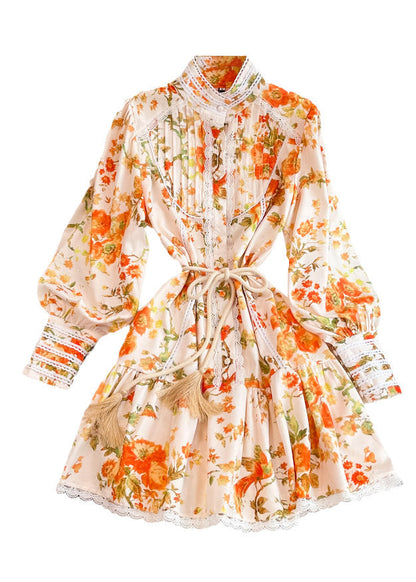 Modern Orange Stand Collar Print Tie Waist Tassel Button Mid Dress Lantern Sleeve