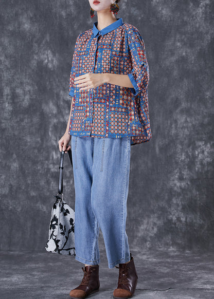 Modern Oversized Print Cotton Shirts and Denim Pants Two Pieces Set Summer