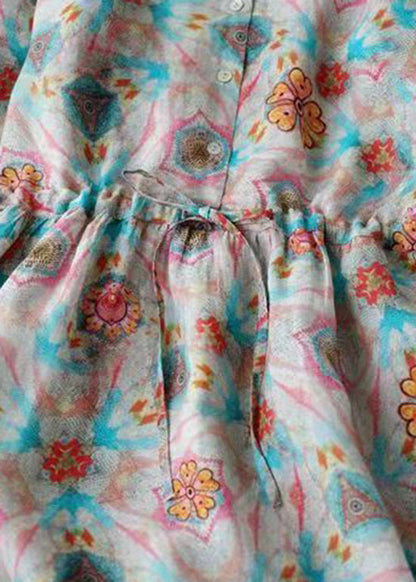 Modern Peter Pan Collar Drawstring Button Print Linen Dress Three Quarter Sleeve