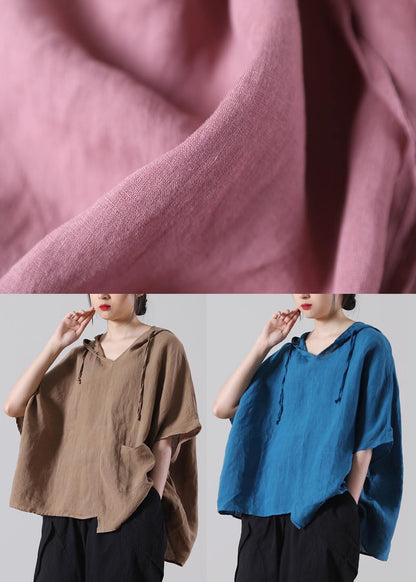 Modern Pink Batwing Sleeve Cotton Linen Summer Top
