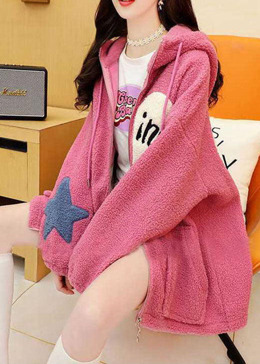 Modern Pink Hooded Faux Fur Winter Coats