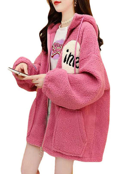 Modern Pink Hooded Faux Fur Winter Coats