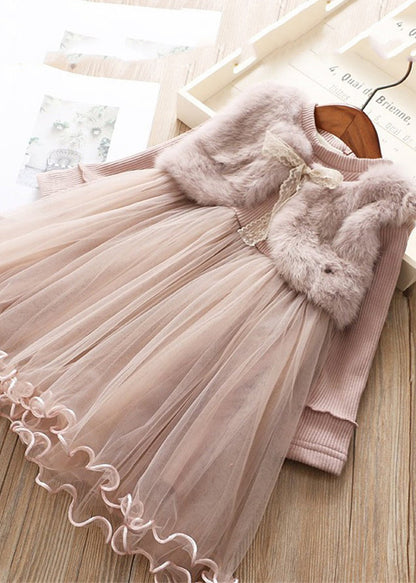 Modern Pink Mink Velvet False Two Pieces Warm Fleece Baby Dress Winter