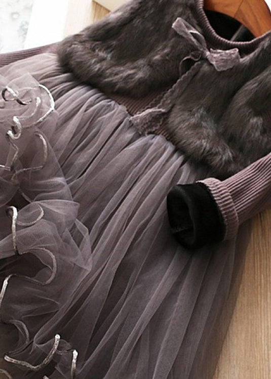 Modern Pink Mink Velvet False Two Pieces Warm Fleece Baby Dress Winter