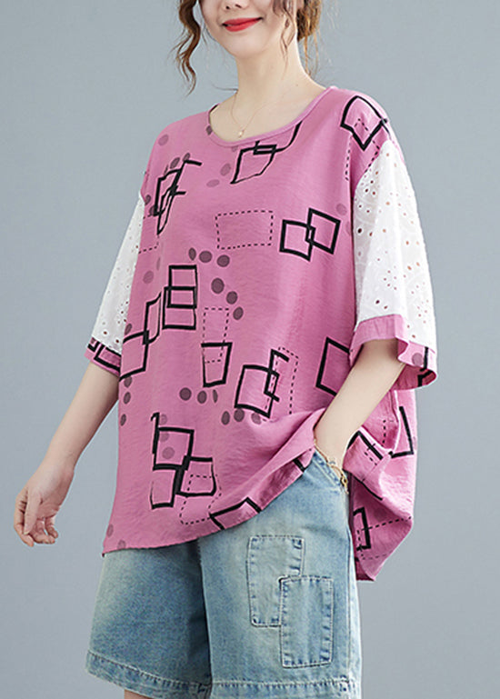 Modern Pink O-neck Hollow Out Print Patchwork Tank Tops Short Sleeve