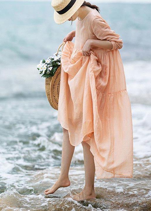 Modern Pink Patchwork Linen Asymmetrical Design Summer Ankle Dress