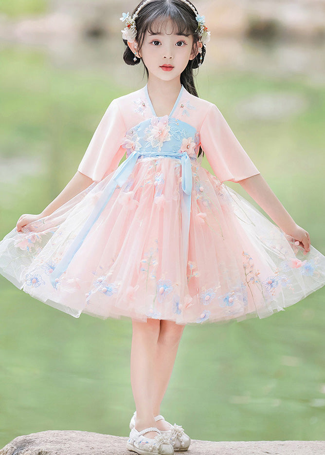 Modern Pink Patchwork Tie Waist Tulle Mid Dresses Short Sleeve