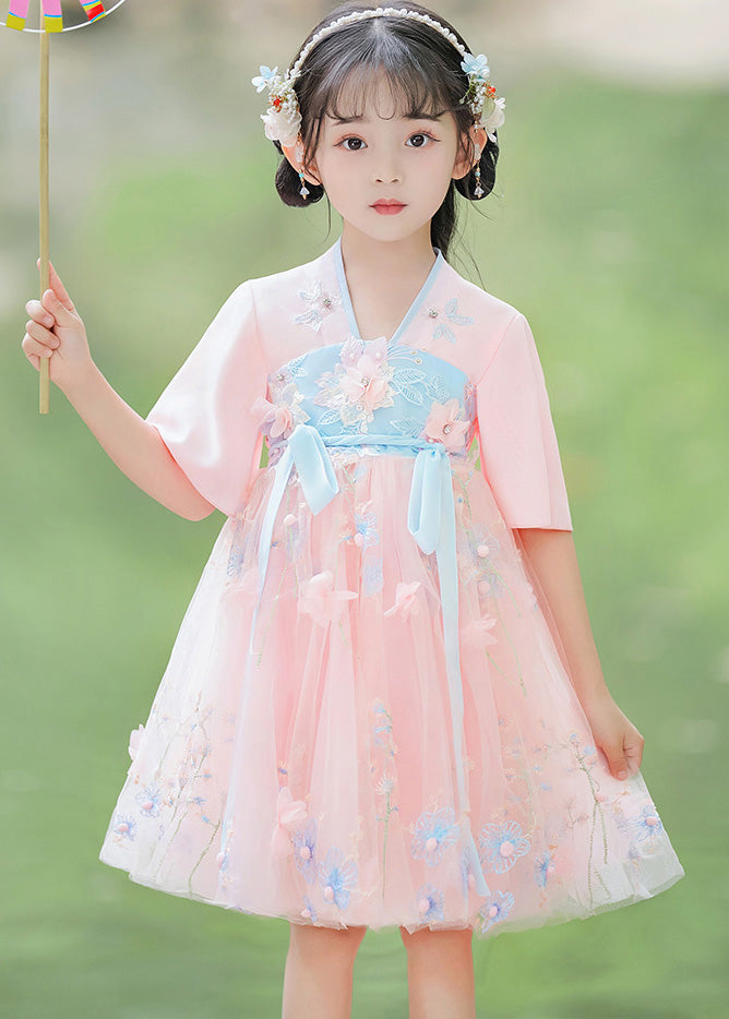 Modern Pink Patchwork Tie Waist Tulle Mid Dresses Short Sleeve