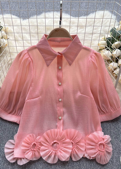 Modern Pink Peter Pan Collar Patchwork Chiffon Shirts Top Summer